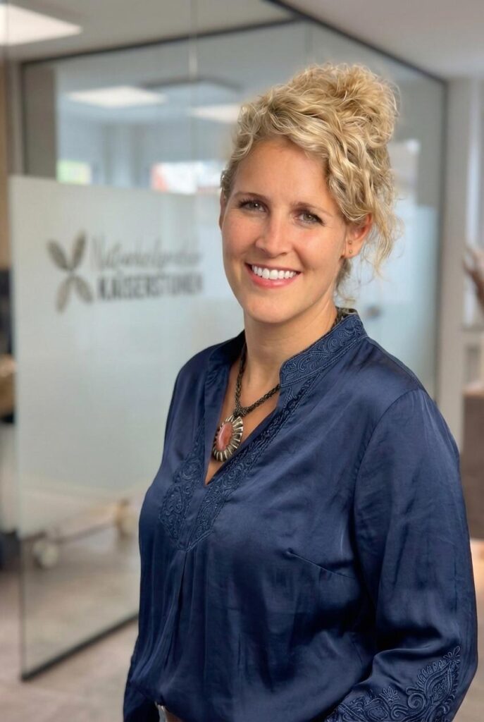 Porträt einer lächelnden Frau mit hochgesteckten blonden Locken und einer dunkelblauen Bluse, die eine Halskette mit einem großen, rötlich-rosa Steinanhänger trägt. Im unscharfen Hintergrund ist der Schriftzug 'Naturheilpraxis Kaiserstuhl' auf einer Glasscheibe erkennbar.