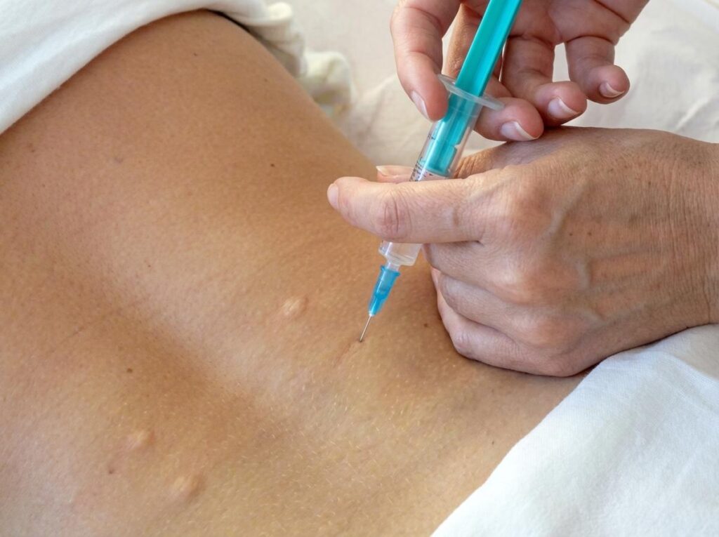 Naturheilpraxis kaiserstuhl in Boetzingen: Eine Nahaufnahme zeigt eine Hand, die eine Spritze mit klarer Flüssigkeit hält und eine Injektion in die Haut eines Patienten vornimmt. Auf der Haut sind bereits mehrere kleine, runde Erhebungen von früheren Injektionen sichtbar.