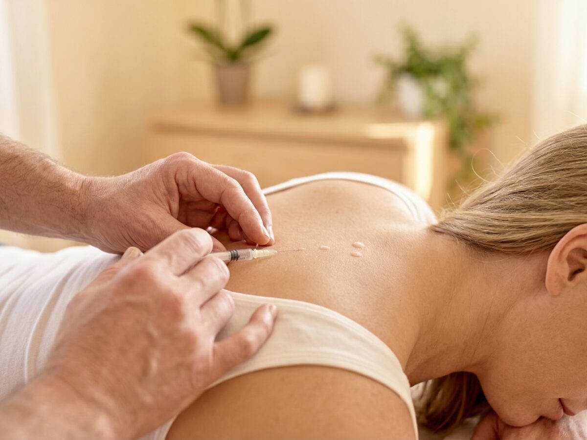 Naturheilpraxis kaiserstuhl in Boetzingen: Eine Injektionstherapie wird auf dem oberen Rücken einer Patientin durchgeführt, wobei kleine Quaddeln auf der Haut sichtbar sind. Eine Hand hält eine Spritze mit feiner Nadel, die andere Hand stabilisiert die Hautpartie.