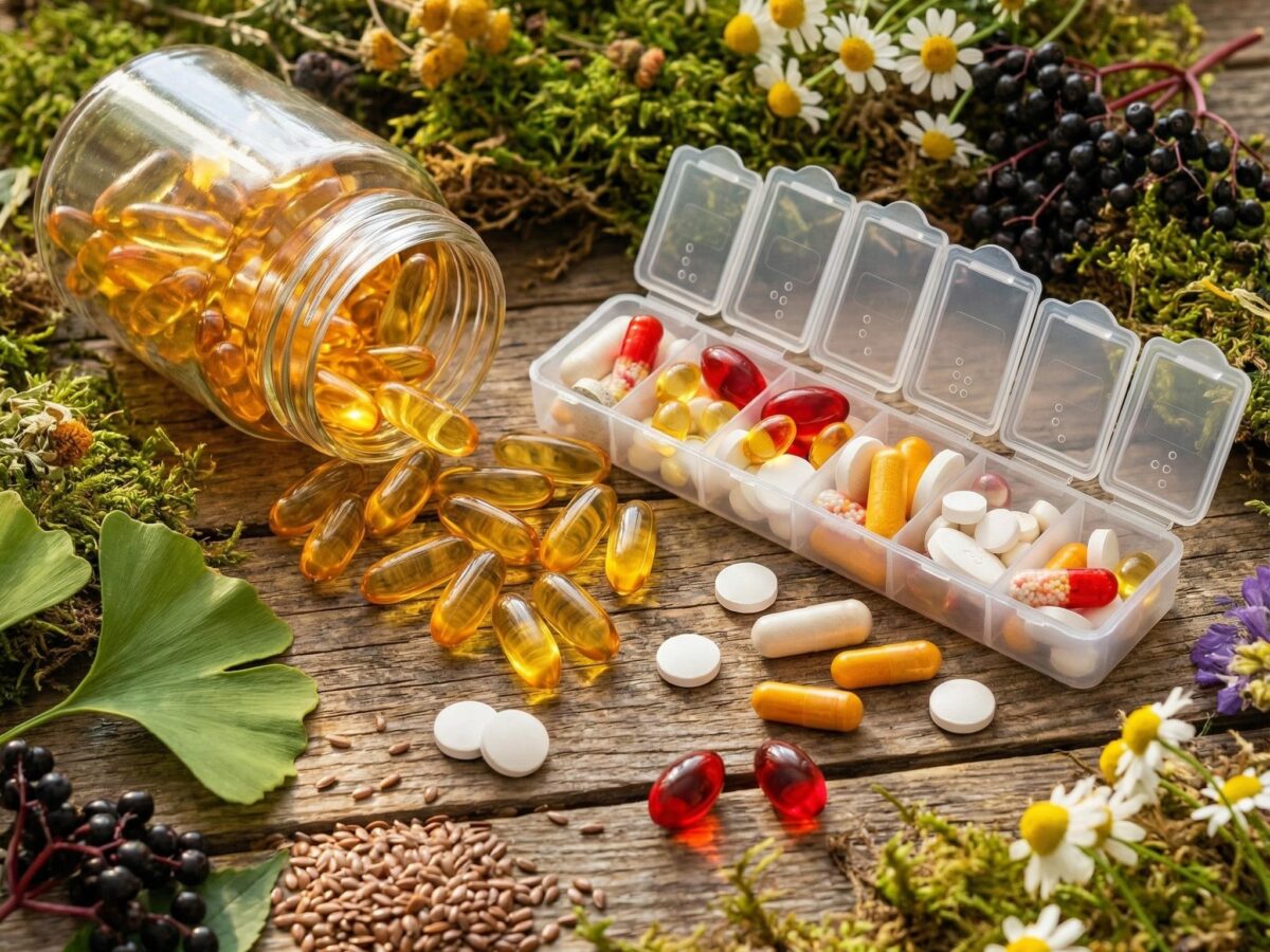 Naturheilpraxis Kaiserstuhl: Verschiedene Nahrungsergänzungsmittel und Naturheilmittel auf einer Holzoberfläche. Ein umgekipptes Glasgefäß mit gelben Omega-3-Kapseln liegt neben einer Pillendose, die mit bunten Tabletten und Kapseln gefüllt ist. Um sie herum sind frische Kamillenblüten, Holunderbeeren, Ginkgoblätter, Leinsamen und Moos arrangiert.