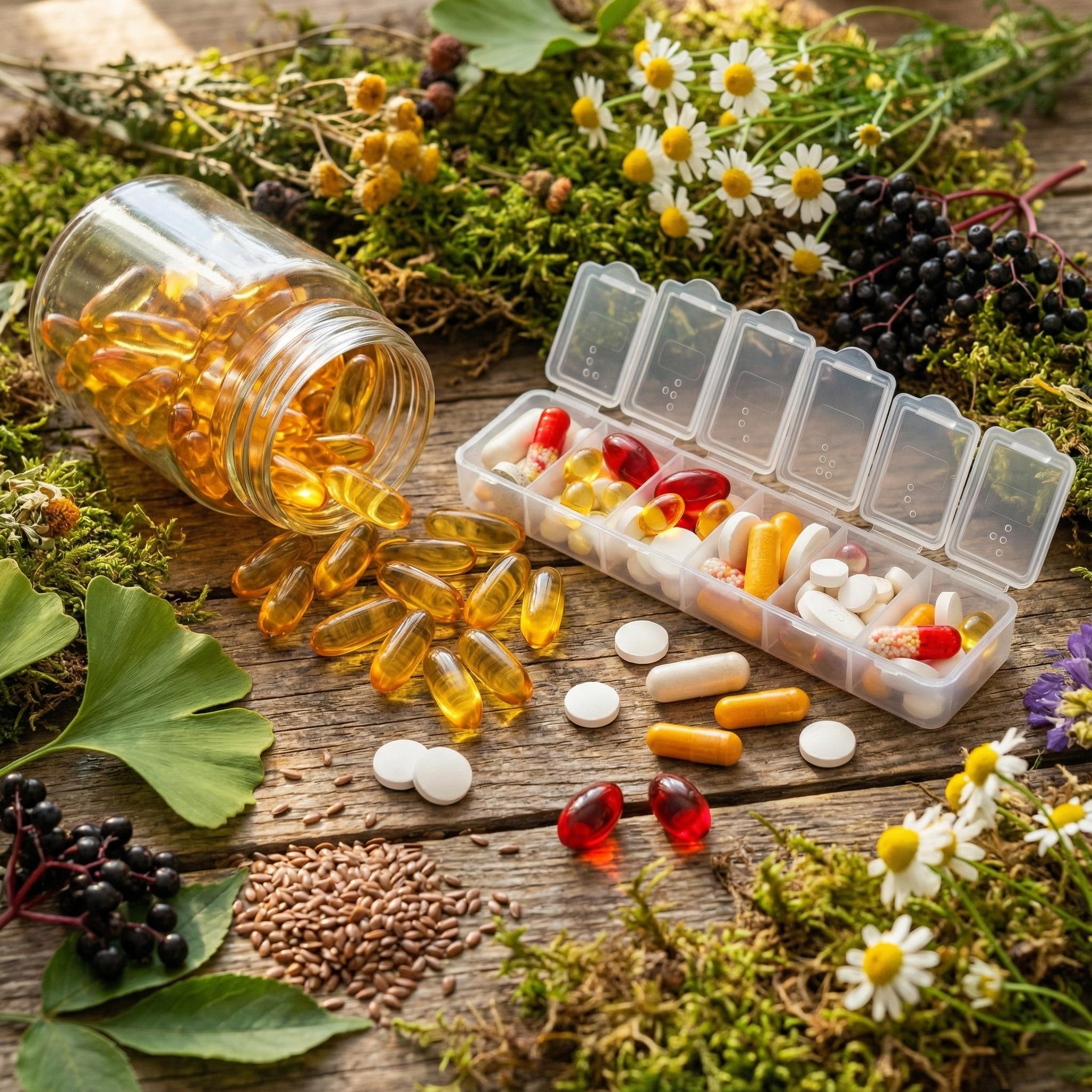Naturheilpraxis Kaiserstuhl: Verschiedene Nahrungsergänzungsmittel und Naturheilmittel auf einer Holzoberfläche. Ein umgekipptes Glasgefäß mit gelben Omega-3-Kapseln liegt neben einer Pillendose, die mit bunten Tabletten und Kapseln gefüllt ist. Um sie herum sind frische Kamillenblüten, Holunderbeeren, Ginkgoblätter, Leinsamen und Moos arrangiert.