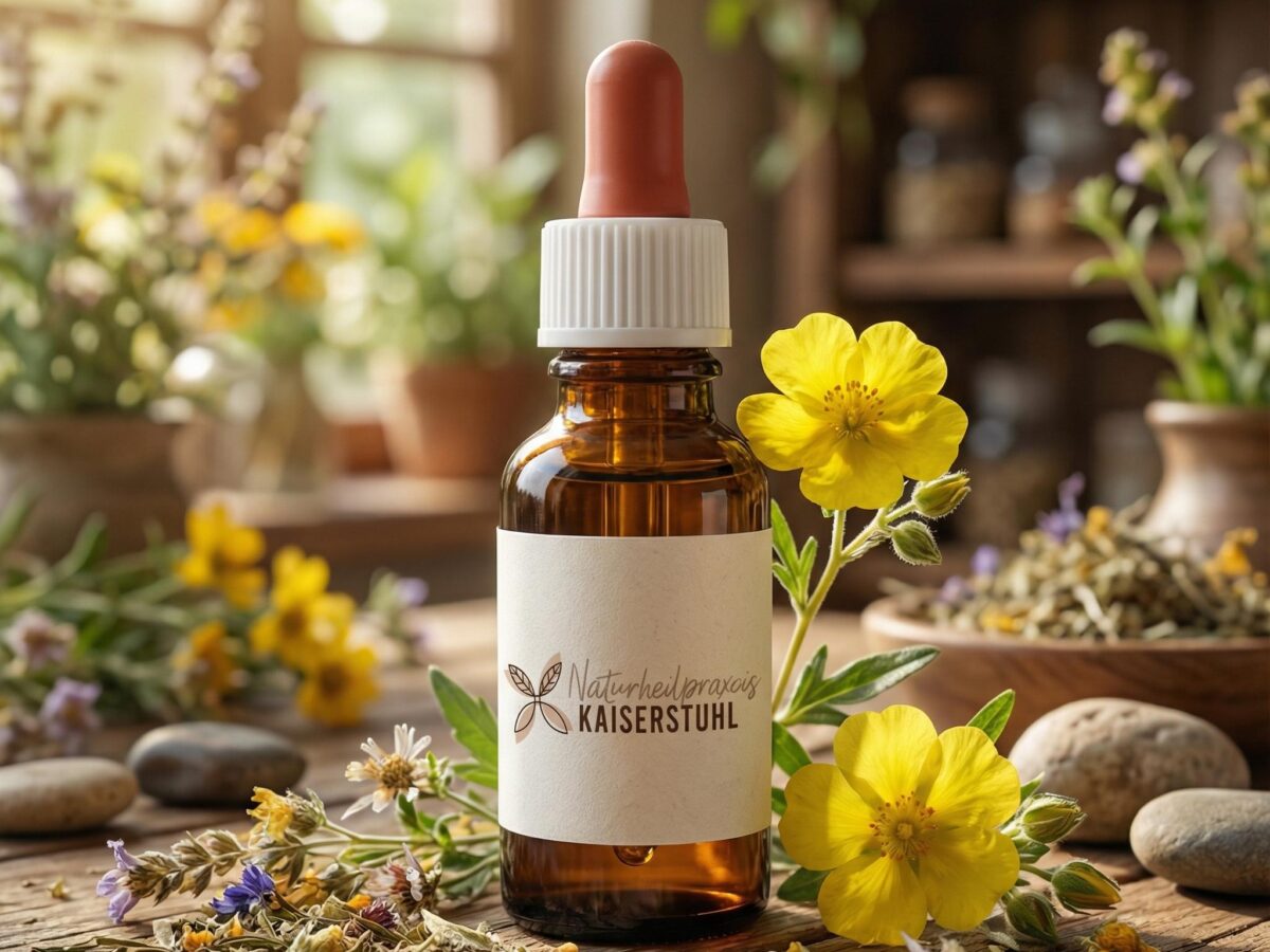 Braune Tropfflasche mit weißem Verschluss und oranger Pipette auf einem Holztisch. Das Etikett der Flasche trägt die Aufschrift "Naturheilpraxis KAISERSTUHL" mit einem Blatt-Logo. Daneben eine gelbe Blüte mit weiteren Knospen, umgeben von verstreuten getrockneten Kräutern und glatten Steinen. Im unscharfen Hintergrund sind Pflanzen, ein Fenster und Holzregale zu sehen.