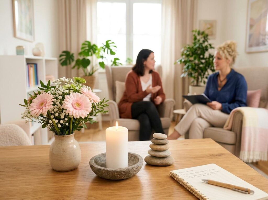 Traumatherapie am Kaiserstuhl. Nahaufnahme eines hellen Holztisches mit einem Blumenstrauß aus rosa Gerbera und weißem Schleierkraut in einer hellen Vase. Daneben steht eine brennende weiße Kerze in einer Steinschale, ein Turm aus fünf glatten Steinen und ein geöffnetes Notizbuch mit einem Stift. Im unscharfen Hintergrund sitzen zwei Frauen in Sesseln, die sich unterhalten. Eine Frau mit dunklen Haaren gestikuliert, während die andere Frau mit blonden Locken ein Klemmbrett hält.