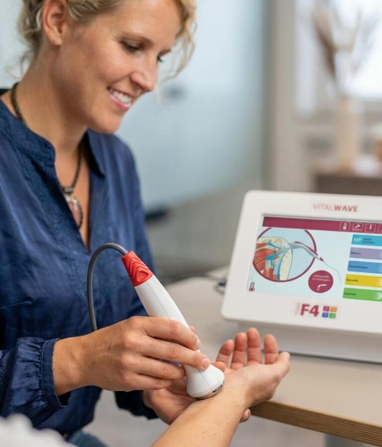 Ultraschalltherapie in Bätzingen. Eine lächelnde Frau mit lockigem Blondhaar in blauer Bluse hält ein weiß-rotes medizinisches Gerät und wendet es auf das Handgelenk eines Patienten an. Im Hintergrund ist ein Monitor mit der Aufschrift "VITAL WAVE" und einer anatomischen Darstellung einer Schulter zu sehen.