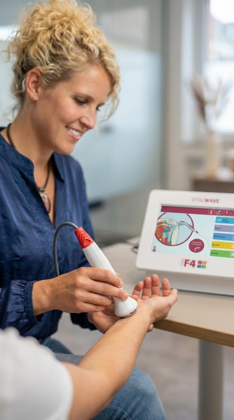 Ultraschalltherapie in Bätzingen. Eine lächelnde Frau mit lockigem Blondhaar in blauer Bluse hält ein weiß-rotes medizinisches Gerät und wendet es auf das Handgelenk eines Patienten an. Im Hintergrund ist ein Monitor mit der Aufschrift "VITAL WAVE" und einer anatomischen Darstellung einer Schulter zu sehen.