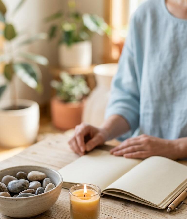 Eine Person sitzt an einem rustikalen Holztisch mit einem geöffneten Notizbuch. Eine brennende gelbe Kerze in einem Glas und eine Schale mit glatten Steinen stehen auf dem Tisch. Im Hintergrund sind Topfpflanzen und ein Fenster zu sehen.