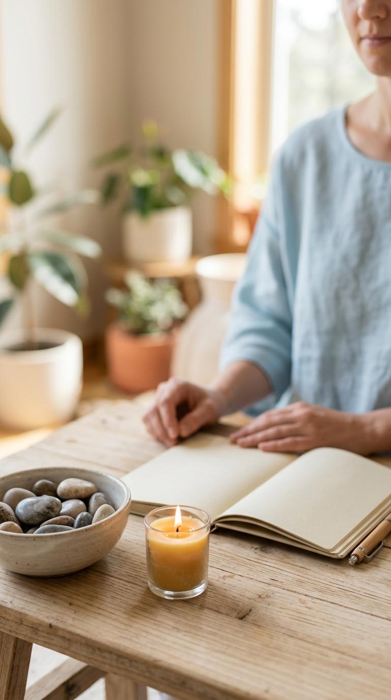 Eine Person sitzt an einem rustikalen Holztisch mit einem geöffneten Notizbuch. Eine brennende gelbe Kerze in einem Glas und eine Schale mit glatten Steinen stehen auf dem Tisch. Im Hintergrund sind Topfpflanzen und ein Fenster zu sehen.