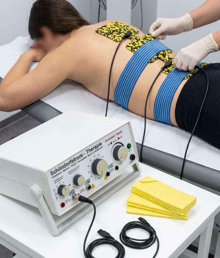 Eine Person liegt auf dem Bauch auf einer Behandlungsliege und erhält eine Schöndorfstrom-Therapie. Schwarze Elektroden mit gelb-schwarzem Muster sind am oberen und unteren Rücken befestigt. Blaue elastische Bänder halten die Elektroden am unteren Rücken. Eine Person mit weißen Handschuhen justiert eine Elektrode. Ein weißes Therapiegerät mit der Aufschrift 'Schöndorfstrom' und schwarzen Kabeln steht auf einem Beistelltisch. Daneben liegen gelbe Schwämme.