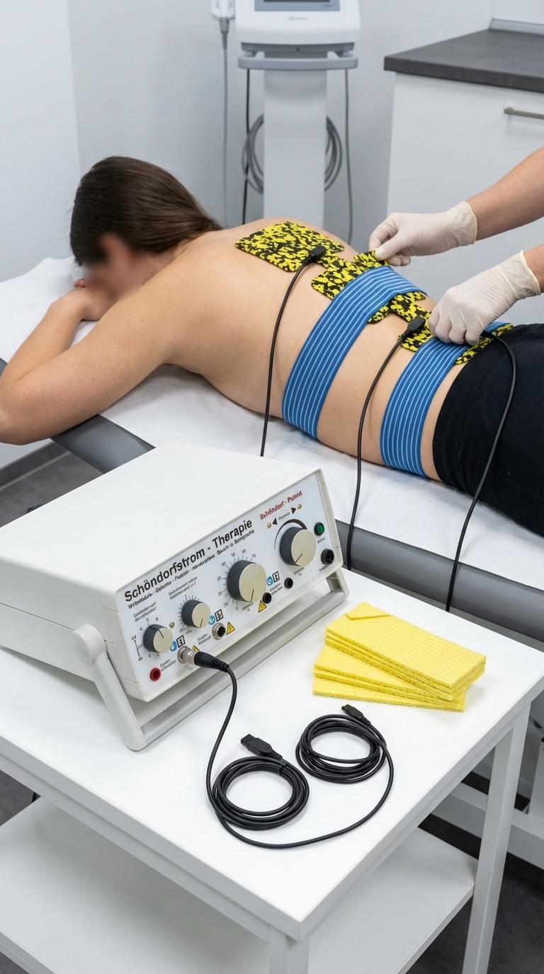 Eine Person liegt auf dem Bauch auf einer Behandlungsliege und erhält eine Schöndorfstrom-Therapie. Schwarze Elektroden mit gelb-schwarzem Muster sind am oberen und unteren Rücken befestigt. Blaue elastische Bänder halten die Elektroden am unteren Rücken. Eine Person mit weißen Handschuhen justiert eine Elektrode. Ein weißes Therapiegerät mit der Aufschrift 'Schöndorfstrom' und schwarzen Kabeln steht auf einem Beistelltisch. Daneben liegen gelbe Schwämme.
