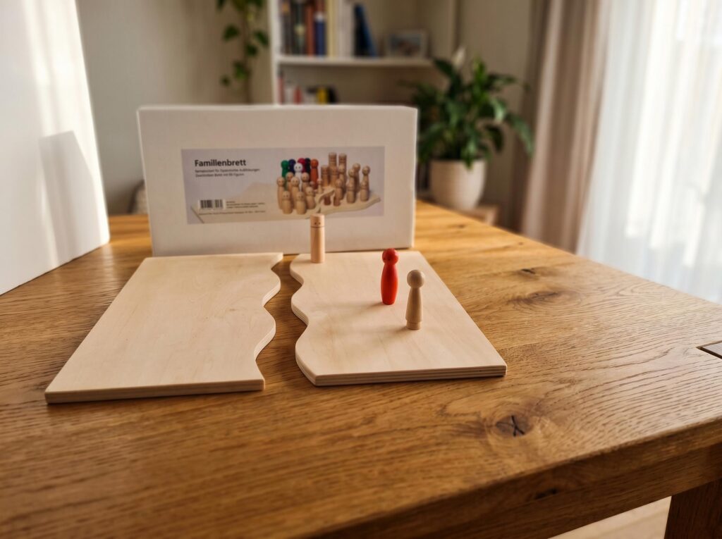 Familienbrett mit Holzfiguren auf einem Tisch in der Naturheilpraxis Kaiserstuhl