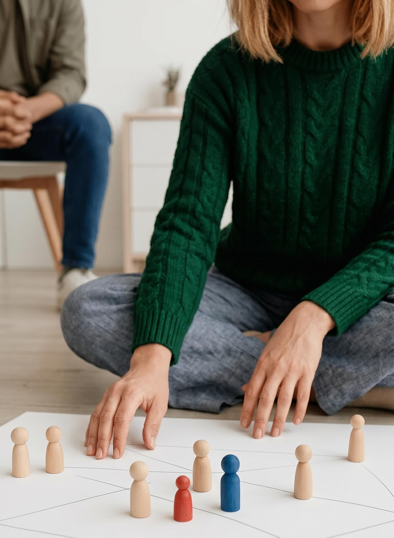 Frau stellt Holzfiguren für eine Familienaufstellung auf