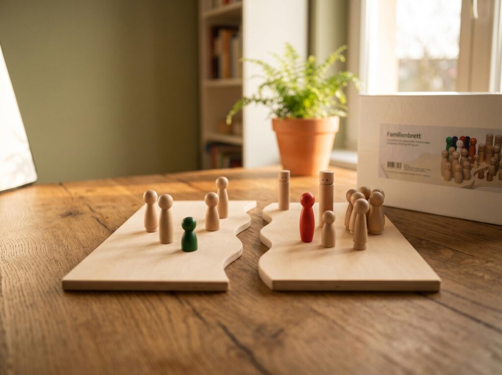 Holzfiguren auf einem Familienbrett für die systemische Familienaufstellung